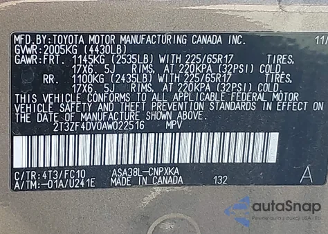 2010 Toyota Rav4 z USA, uszkodzony, nr VIN 2T3ZF4DV0AW022516